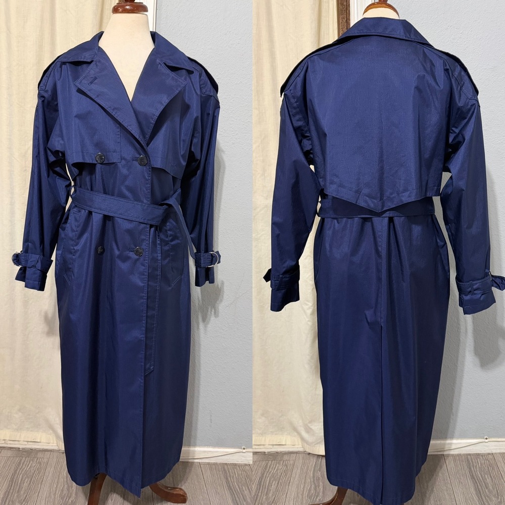 Vintage 80s Worthington Women Trench Coat Size 8 Blue Double Breasted Belted